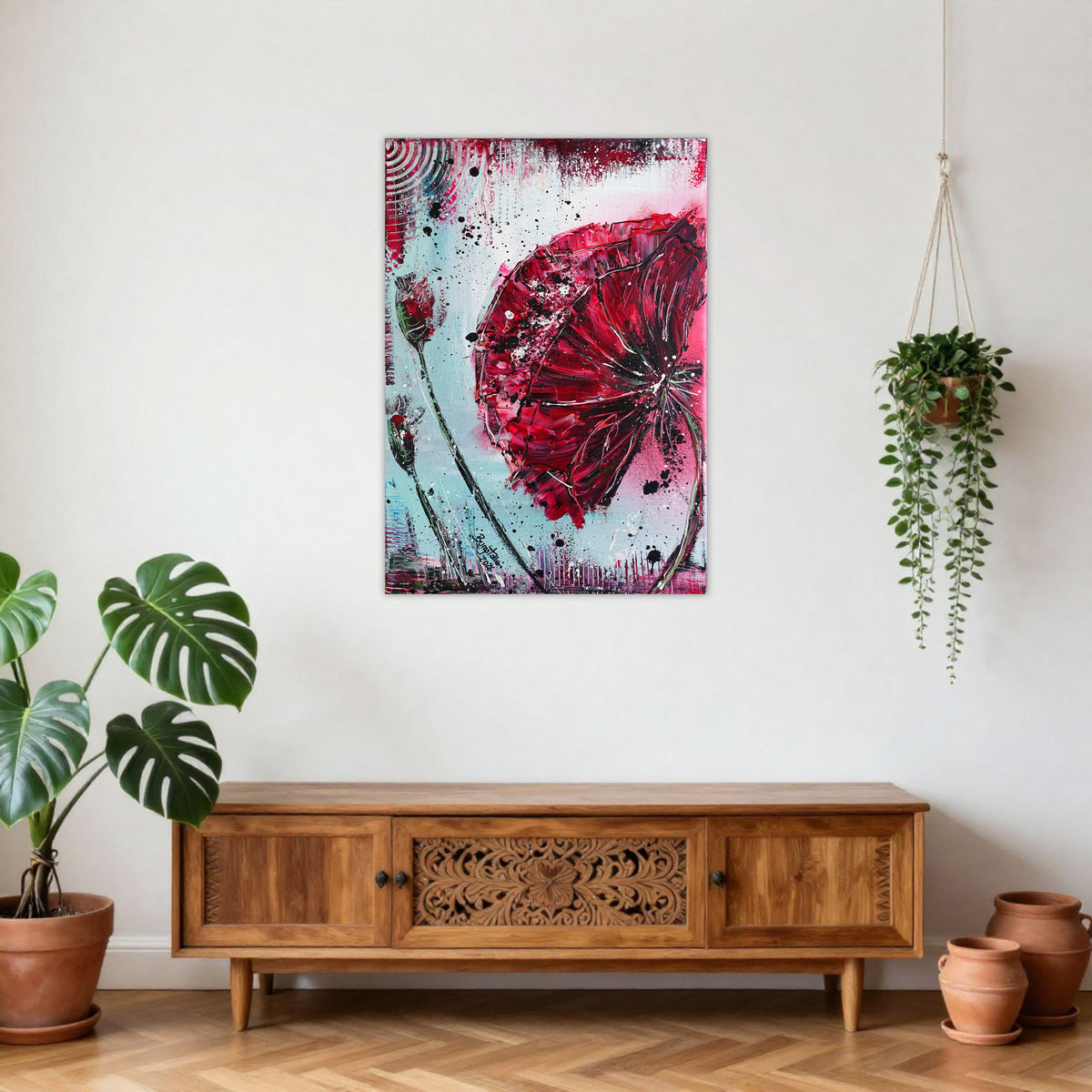 Abstrakte Acrylmalerei mit roter Mohnblüte, modernes Blumen Gemälde