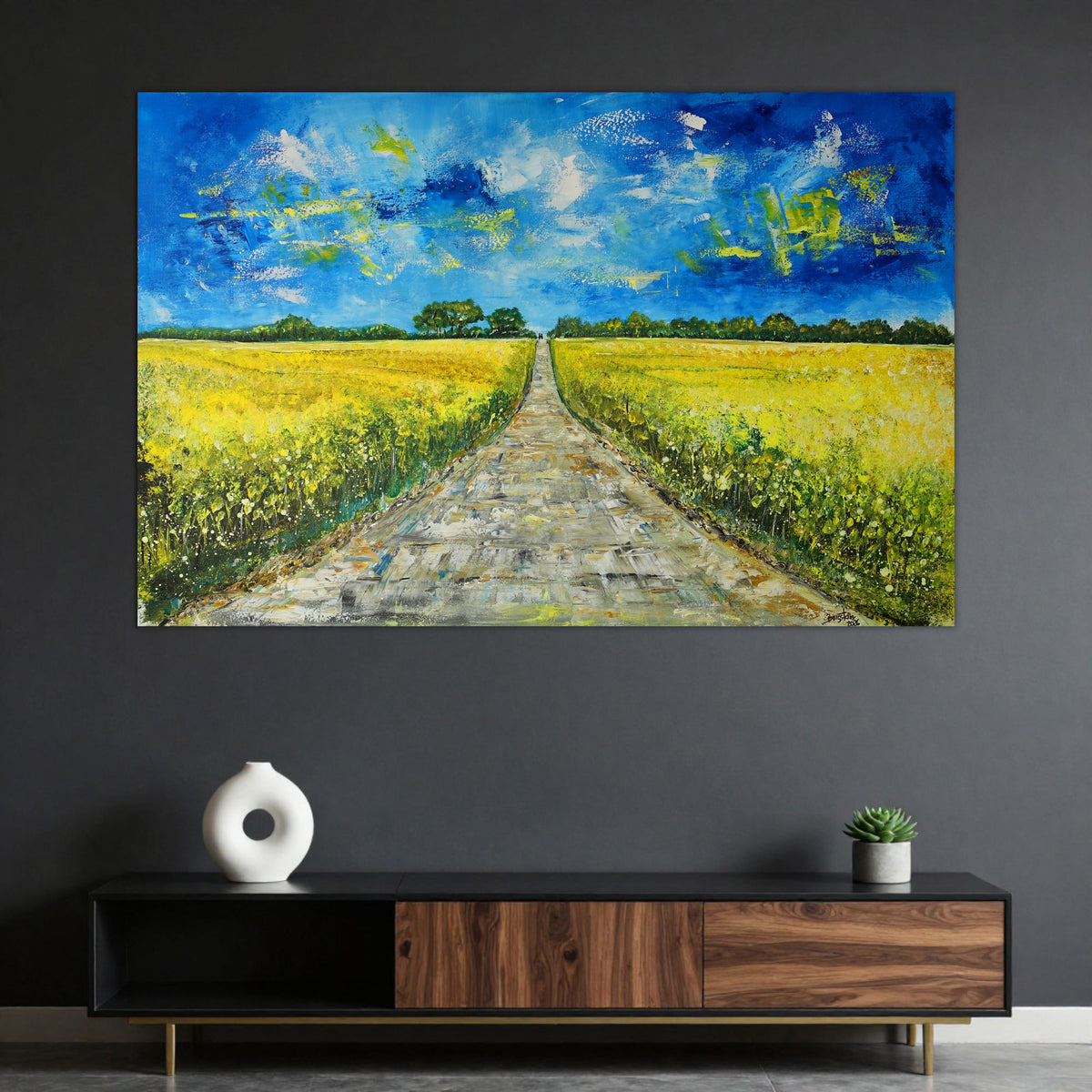 Rapsfeld – Sommerliches Landschaftsgemälde in Gelb und Blau, Acrylbild