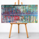 Abstrakte Stadtlandschaft, modernes Acrylgemälde in Blau Türkis Rot