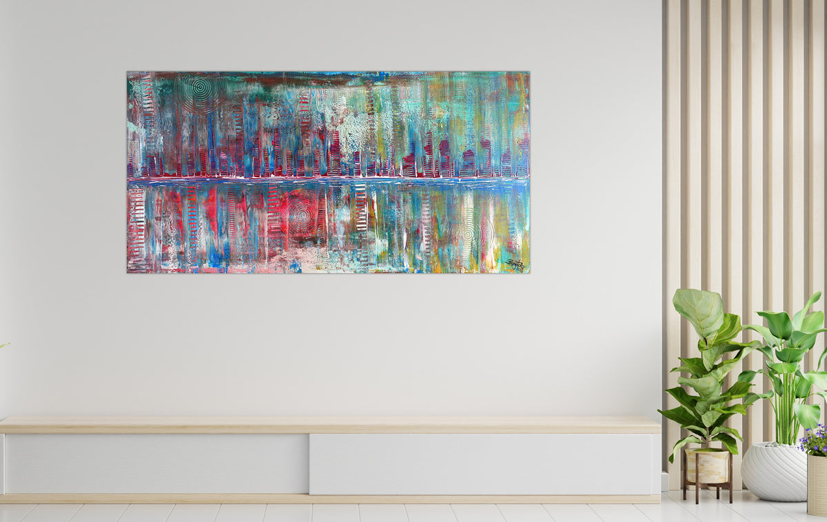 Abstraktes Acrylgemälde in Blau Türkis Rot 120x60