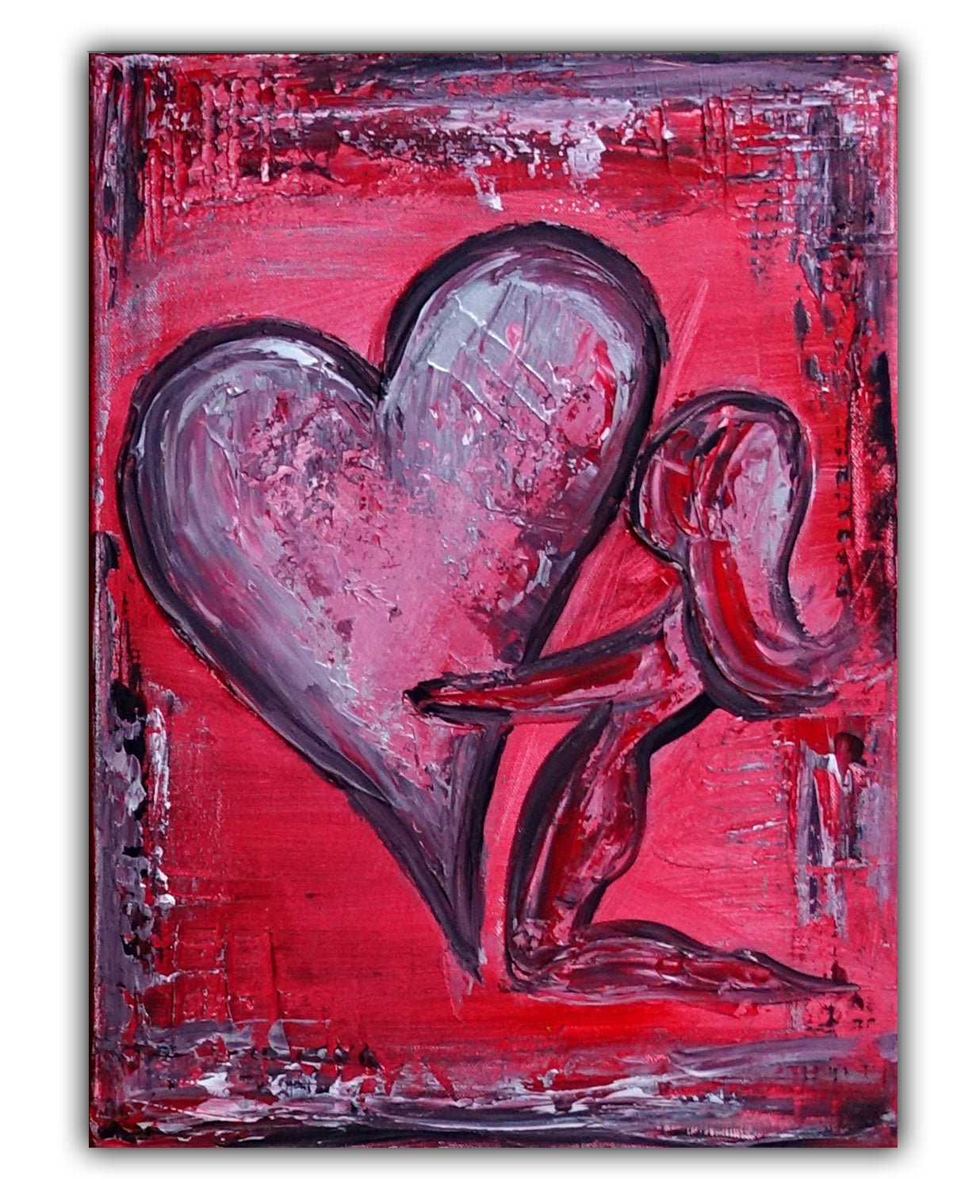 Rotes Herzbild mit Frau, Acrylgemälde Leinwand Partnergeschenk 30x40cm