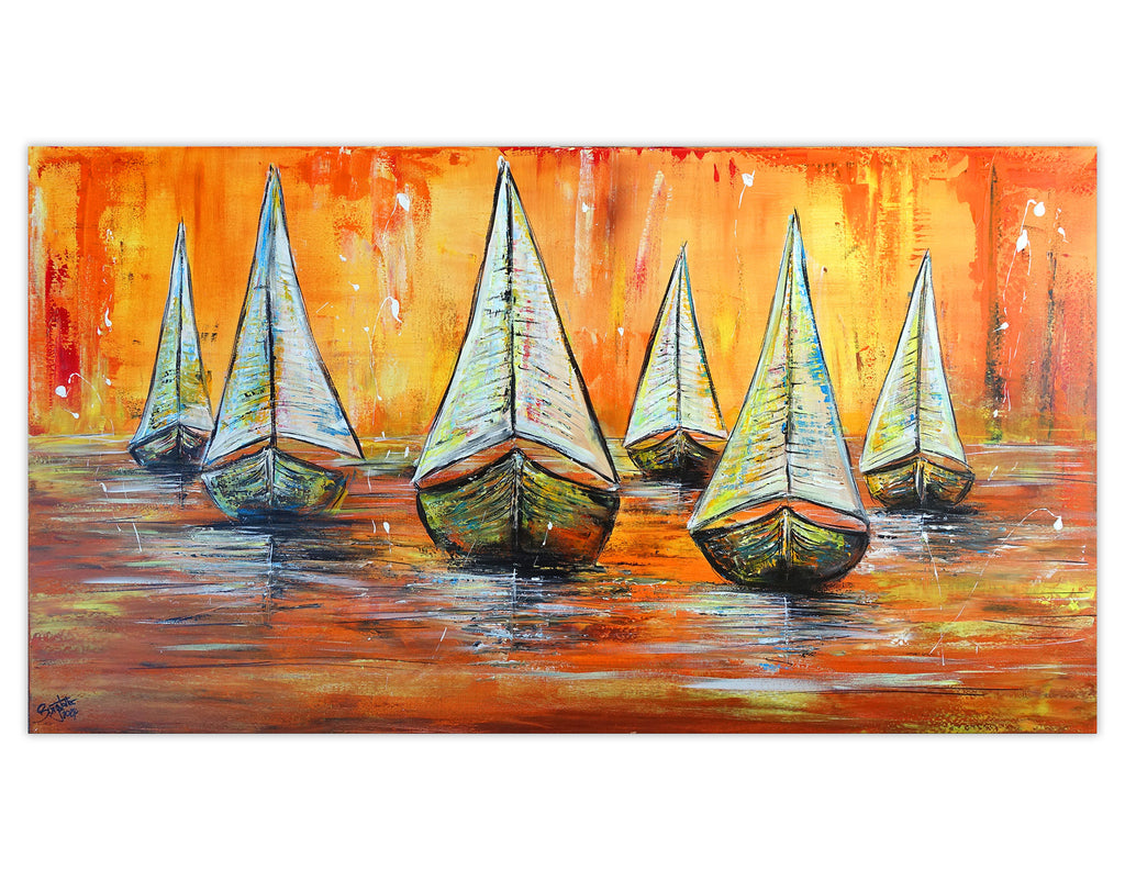 Segelboote Bilder gemalt Leinwand Acryl Schiffe Sonnenuntergang 130x70