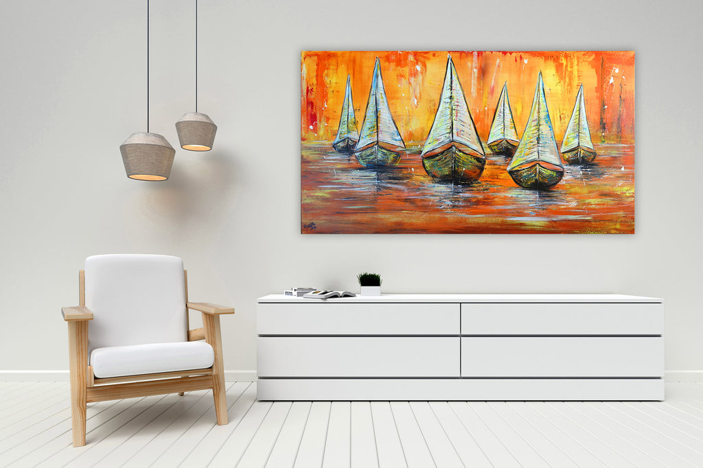 Segelboote Bilder gemalt Leinwand Acryl Schiffe Sonnenuntergang
