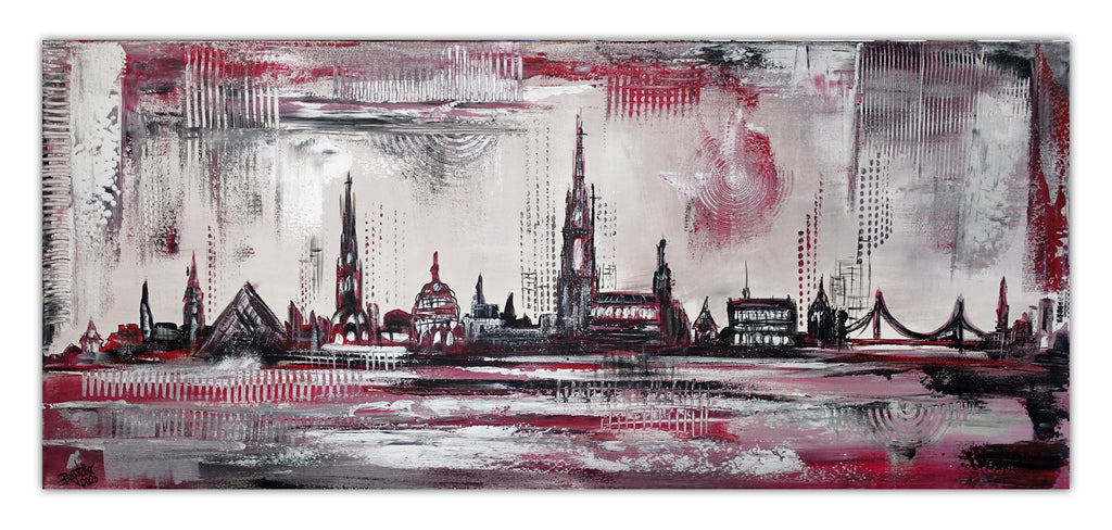 Ulm Skyline rot silber - Wandbild abstrakt handgemalt 140x60cm