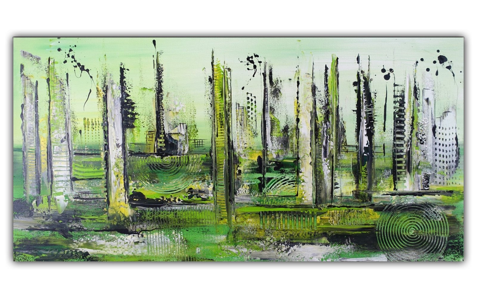 Stadtwald: Abstraktes Bild grün querformat - Original Gemälde 