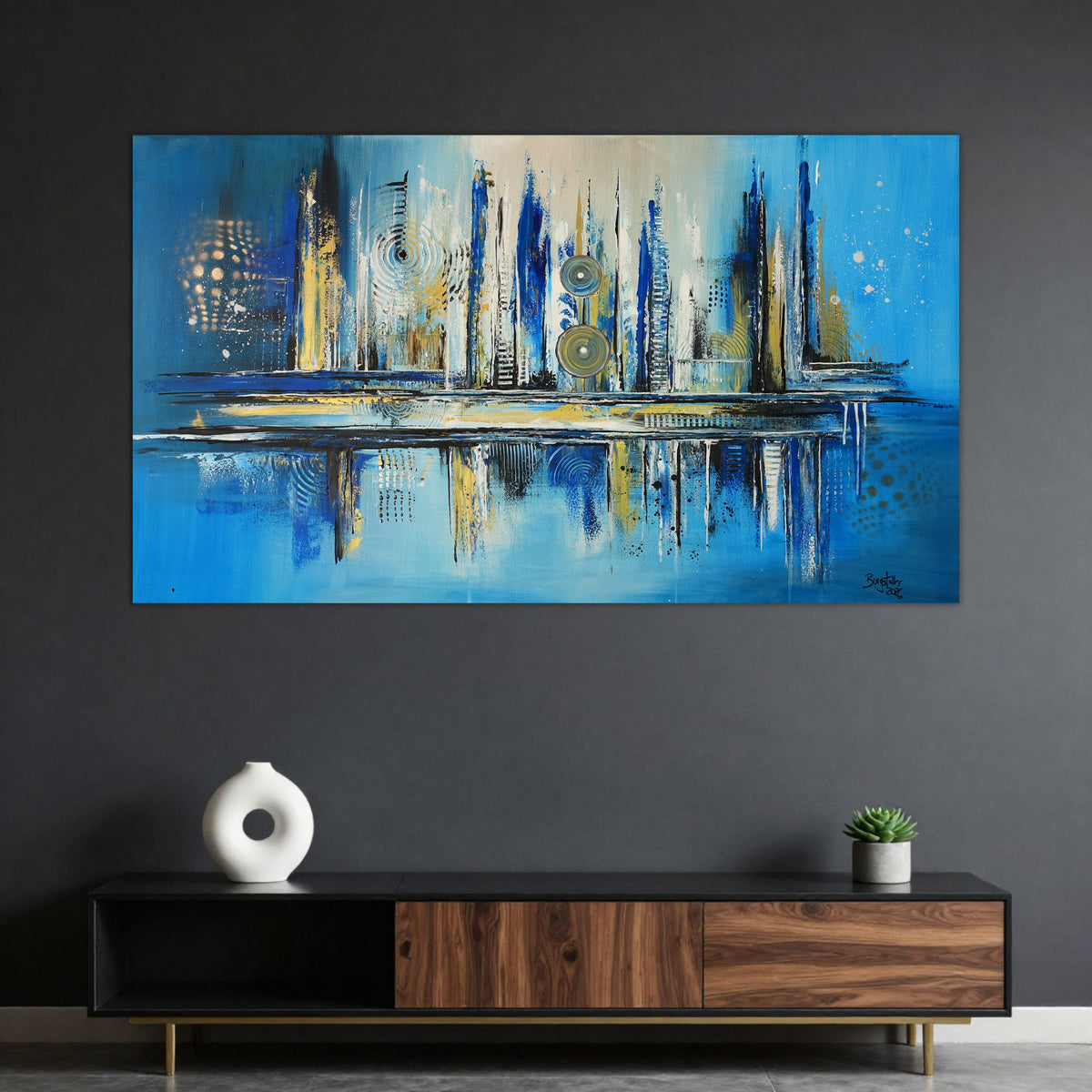 Abstraktes Original Gemälde blau gold Leinwandbild handgemalt 140x80