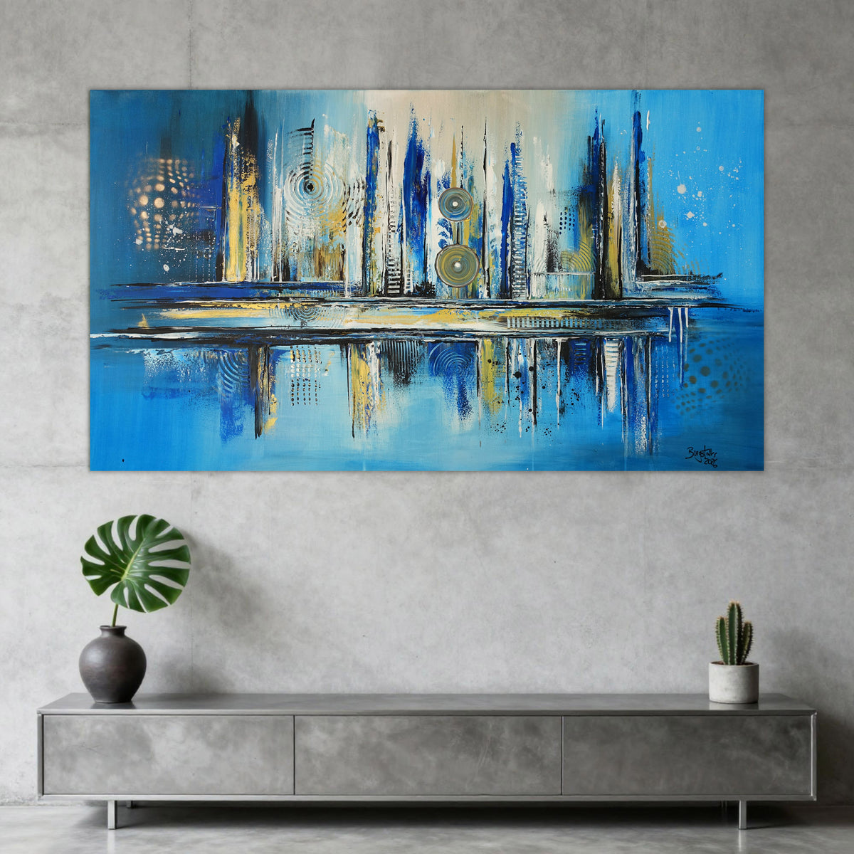 Abstraktes Originalgemälde blau gold Leinwandbild handgemalt