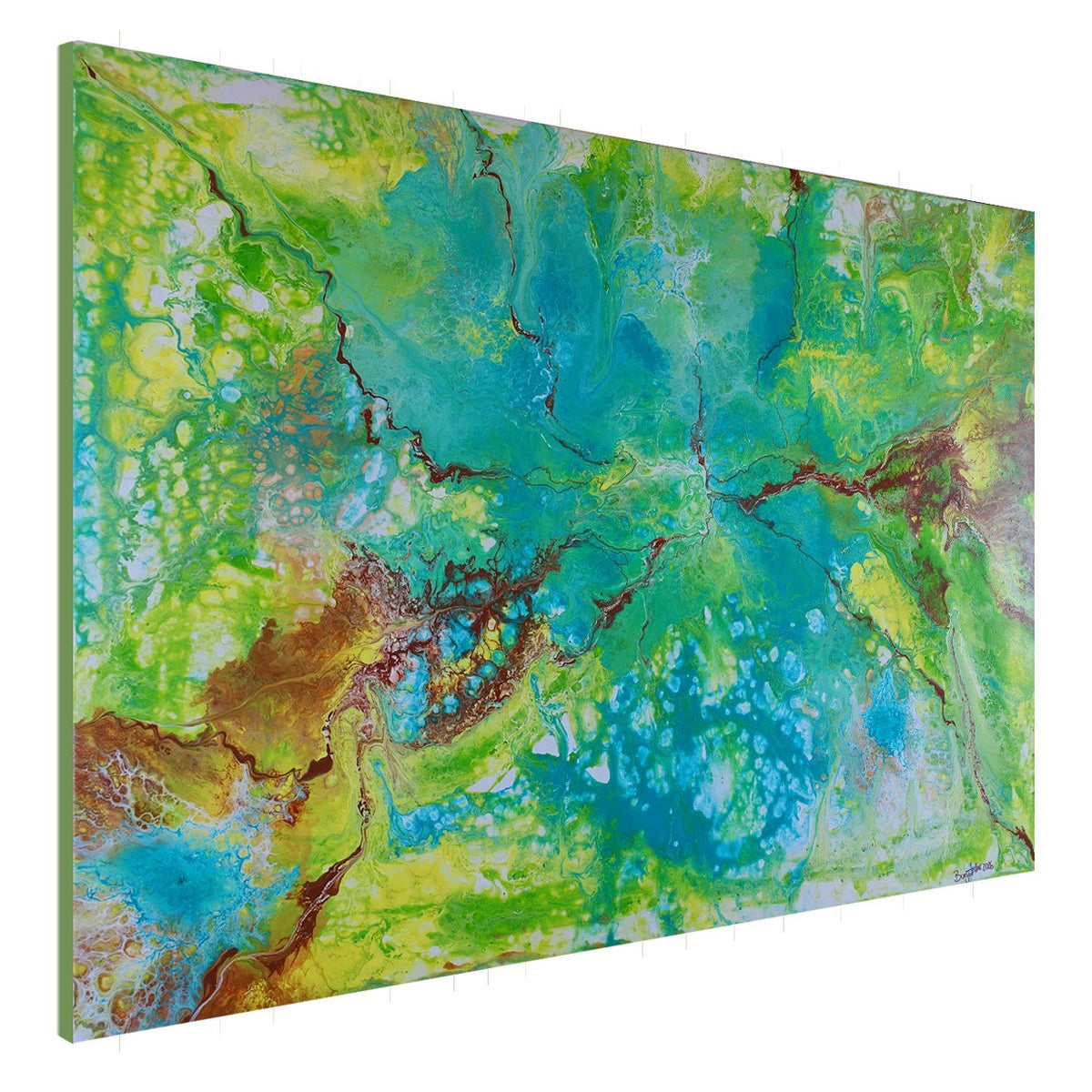 Abstrakte Kunst in Grün und Gelb, Acrylmalerei Leinwand 100x70