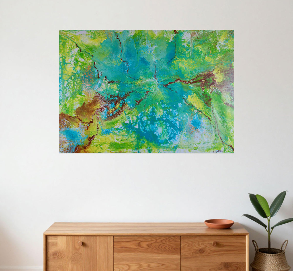 Tiefpunkt - Abstrakte Kunst in Türkis, Grün und Gelb, Acrylmalerei