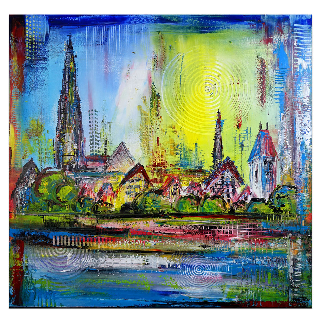 Ulm mit Münster - abstraktes Stadtbild Städte Gemälde Acrylgemälde Leinwand 80x80