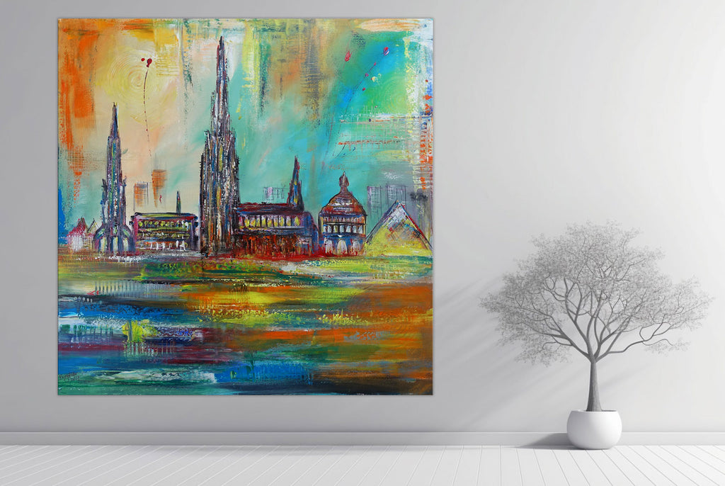 Ulmer Skyline Bild abstrakt Acryl Gemälde Münster Bücherei Schwör haus Rathaus 100x100