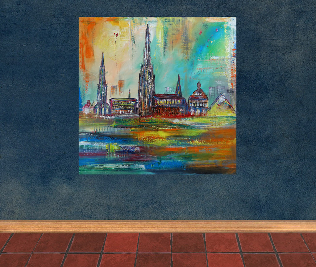 Ulmer Skyline Bild abstrakt Acryl Gemälde Münster Bücherei Schwörhaus 100x100