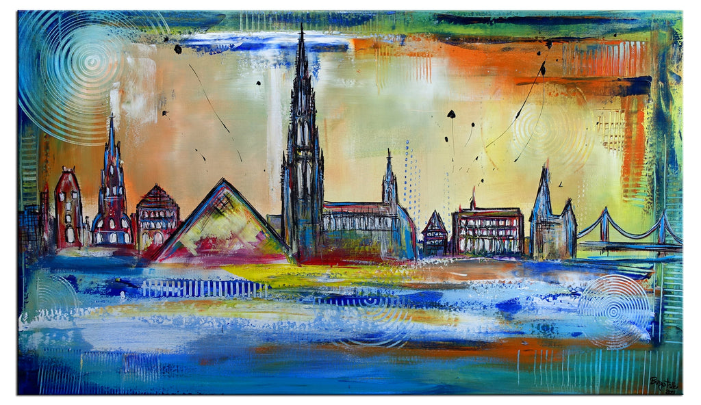 Wandbild Ulm handgemalt mit Muenster Bücherei Altstadt - Gemälde 140x80