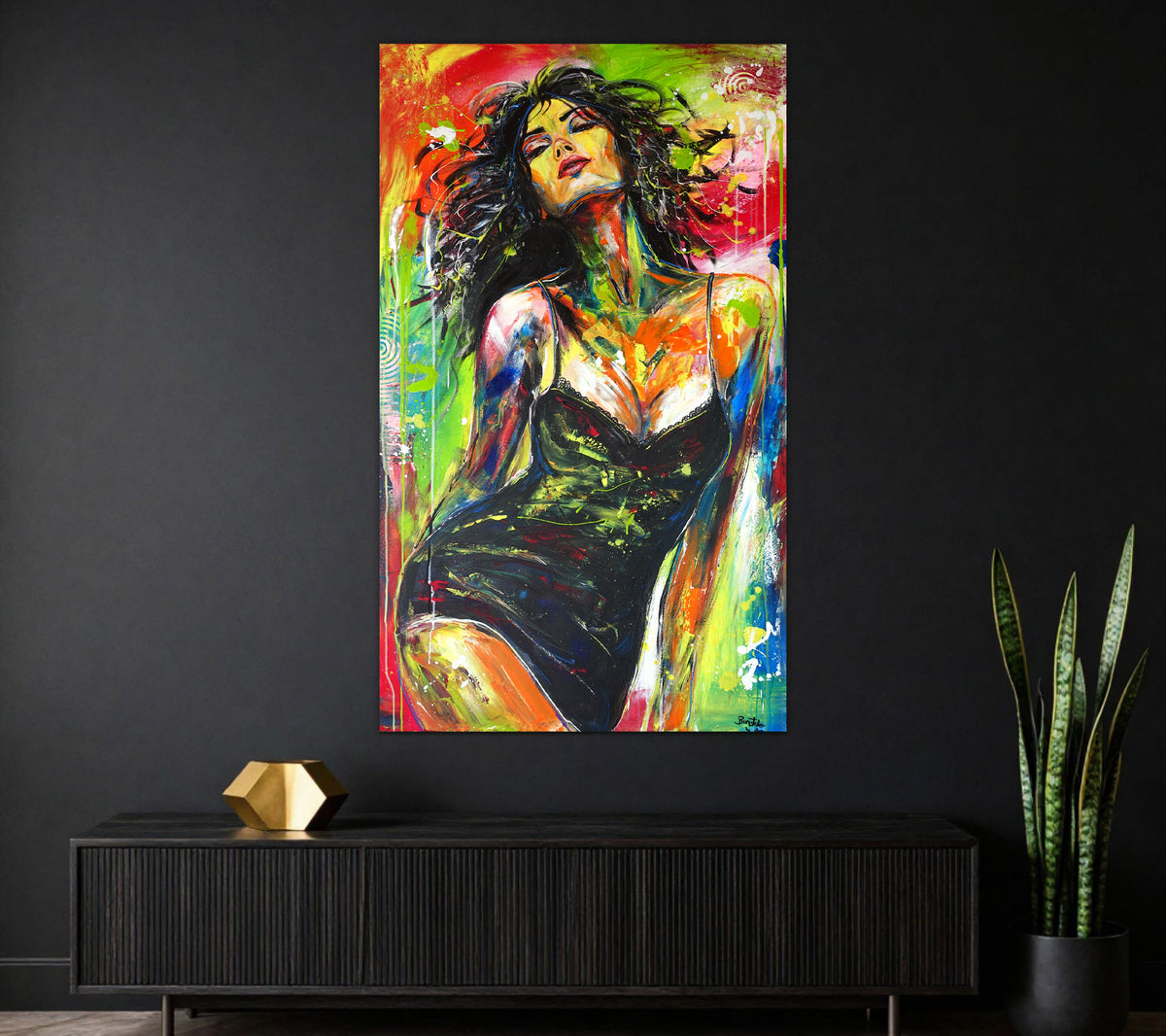 erotisches Frauenporträt bunt, handgemaltes Leinwand Gemälde 80x140
