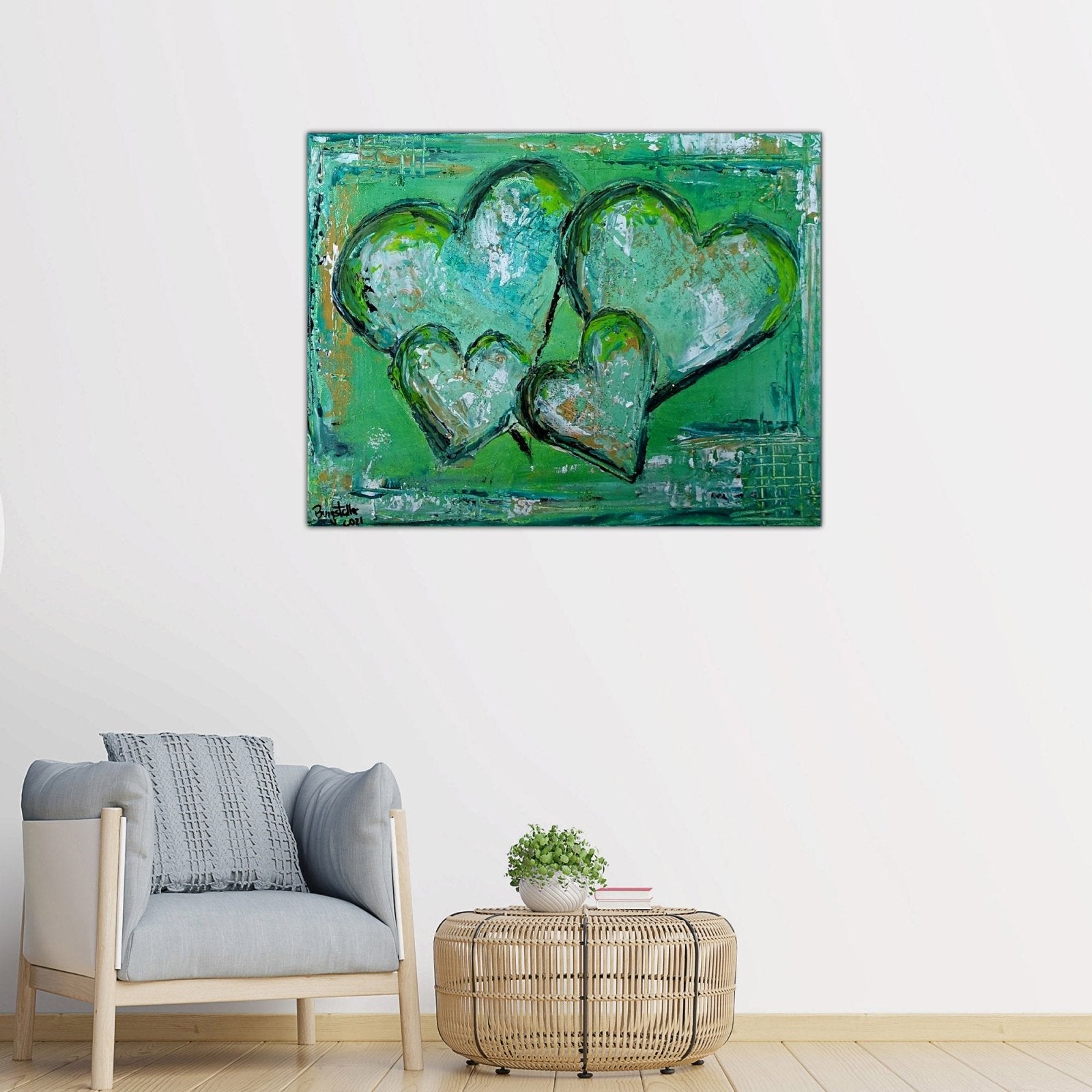 Vier Herzen handgemaltes Familien Herzbild grün 40x30