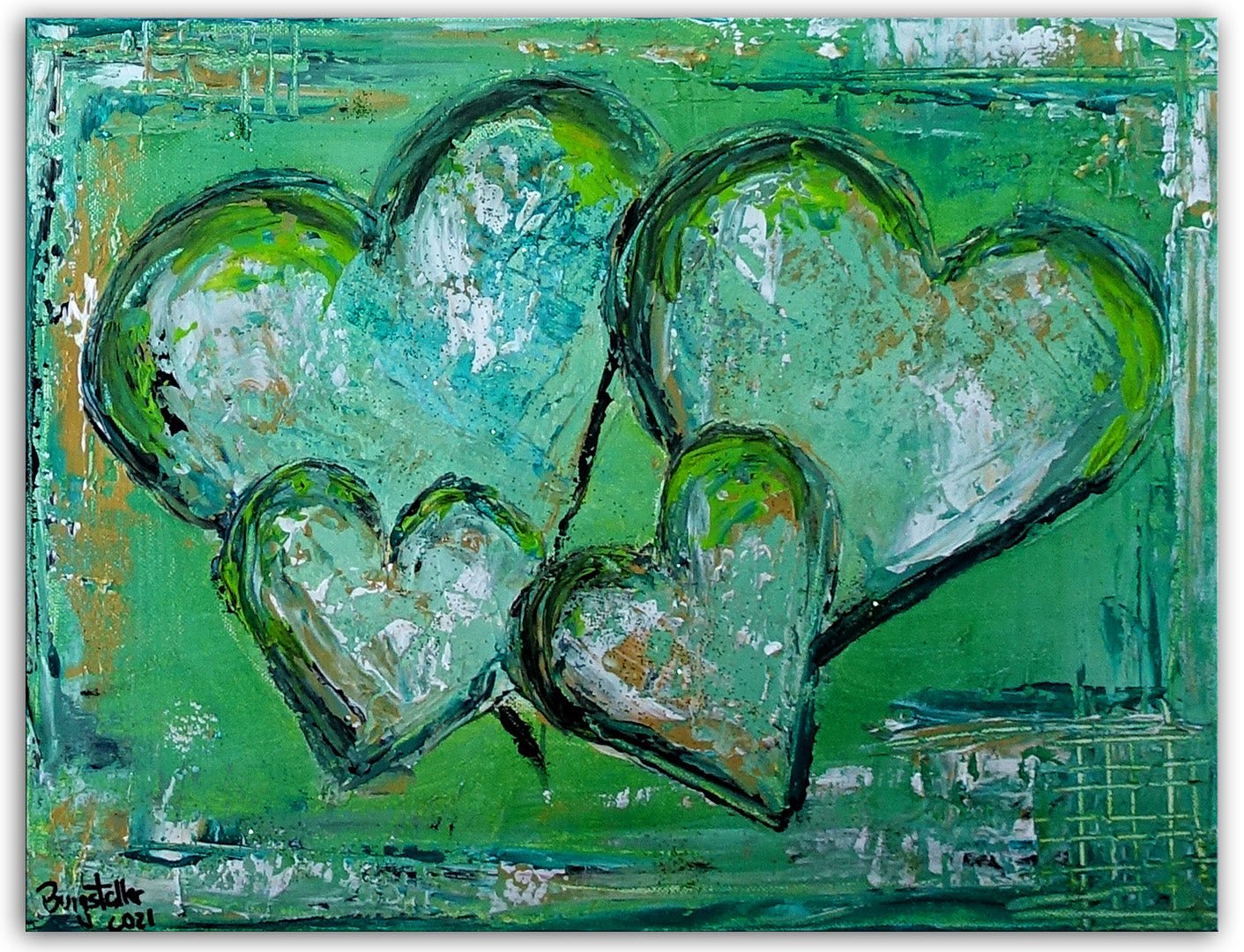 Vier Herzen handgemaltes Familien Herz bild grün 40x30