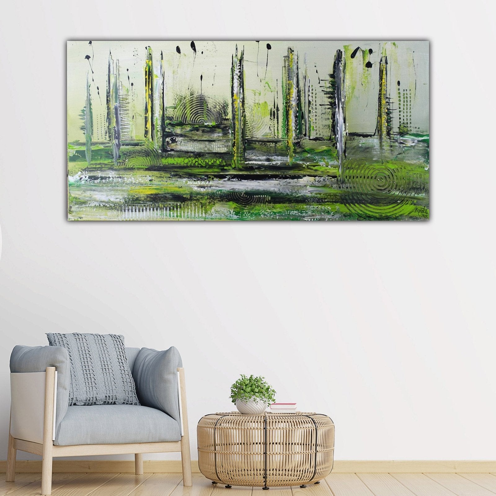 Abstraktes Acrylbild grün querformat modernes Gemälde w2