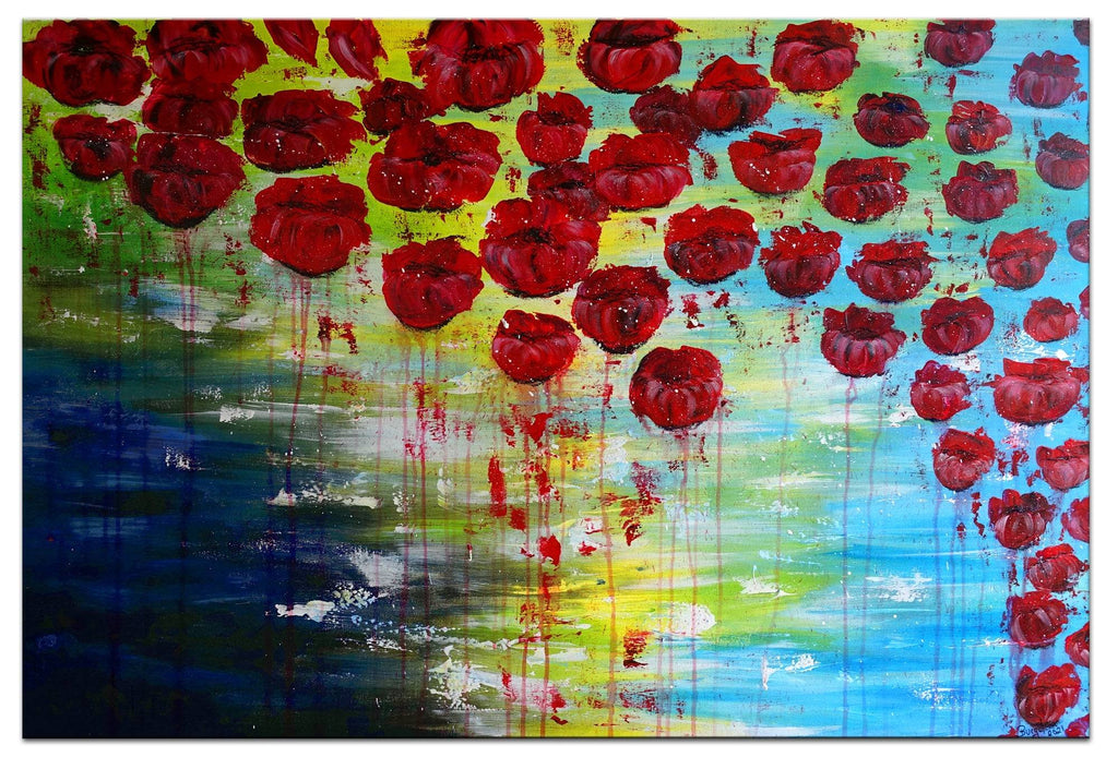 Wasserblueten - Blumen Malerei abstrakt rot blau Unikat 120x80cm