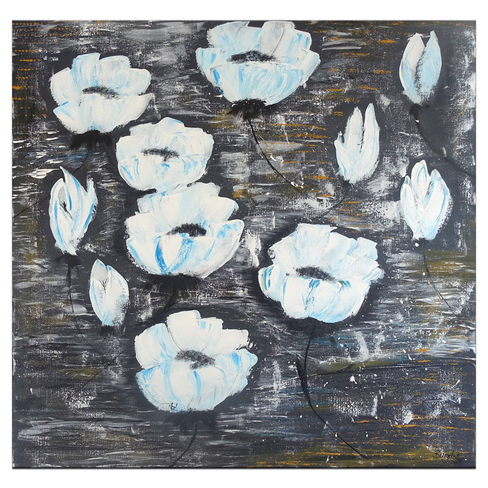 Weisse Blueten - Modernes Blumenbild handgemalt 80x80cm