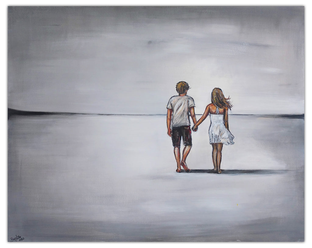 Mann und Frau am Strand - Liebespaar Gemälde grau 80x100cm