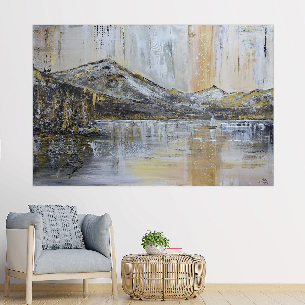Goldener Bergsee - abstrakte Landschaftsmalerei Acrylgemälde, Wohnzimmerbild