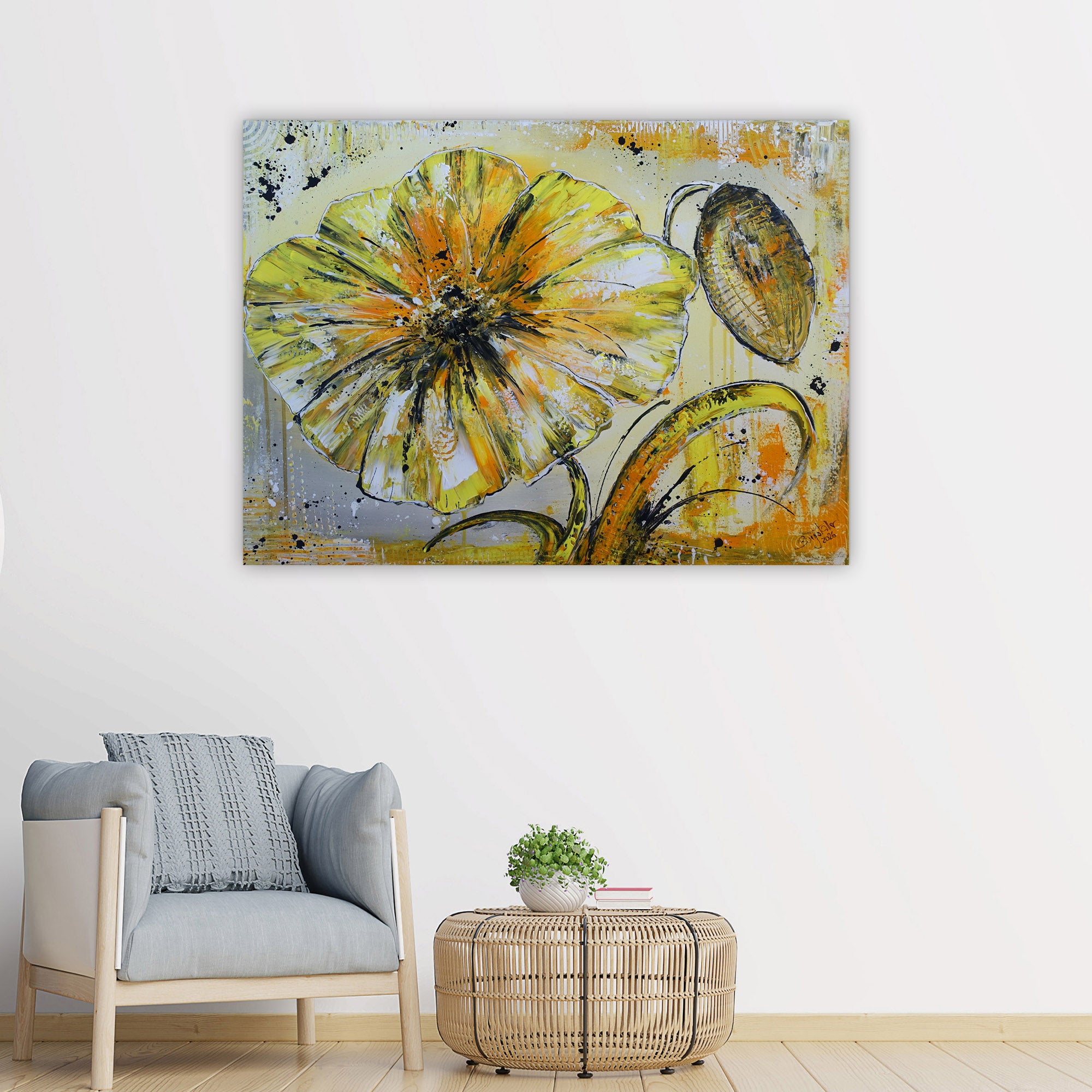 Gelbes Blumen Gemälde & Blumenbild handgemalt Leinwand