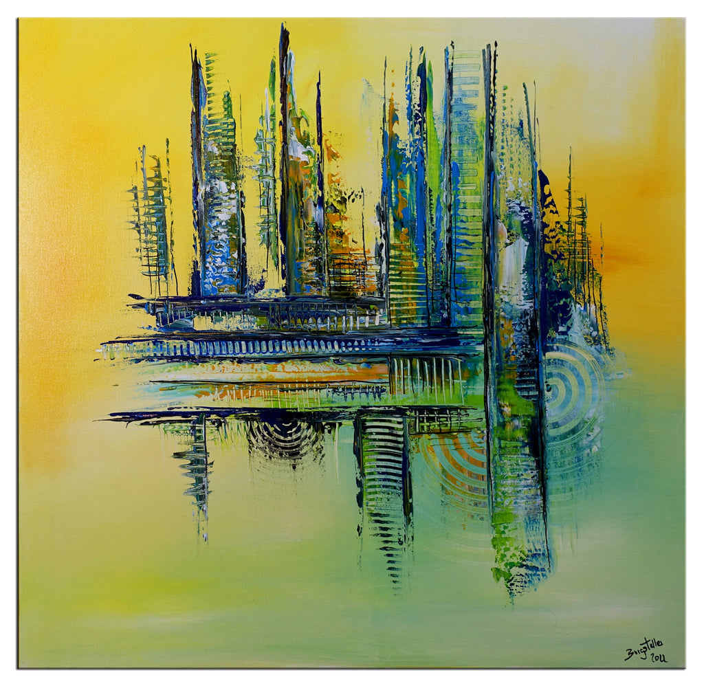 Produkte Zoom - abstraktes Kunstbild gelb blau Acrylgemälde 100x100