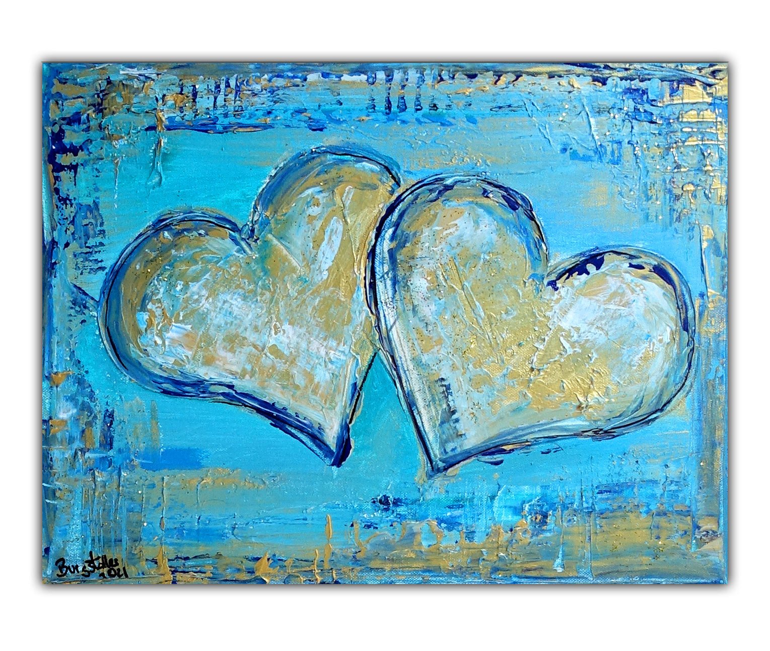 Zwei Herzen hellblau gold Original Gemälde Acrylbild 30x40