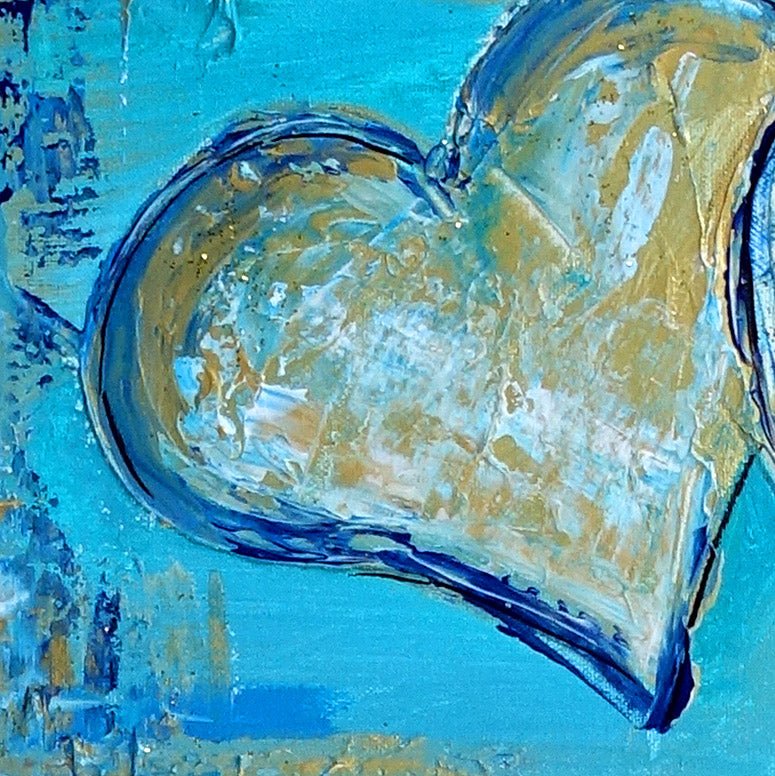 Zwei Herzen hellblau gold Original Gemälde