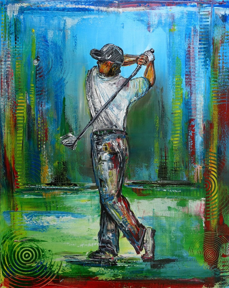 golfbilder gemalt golfspieler gemaelde golfkunst Golfer Abschlag 80x100 grün blau 21-03-05.jpg