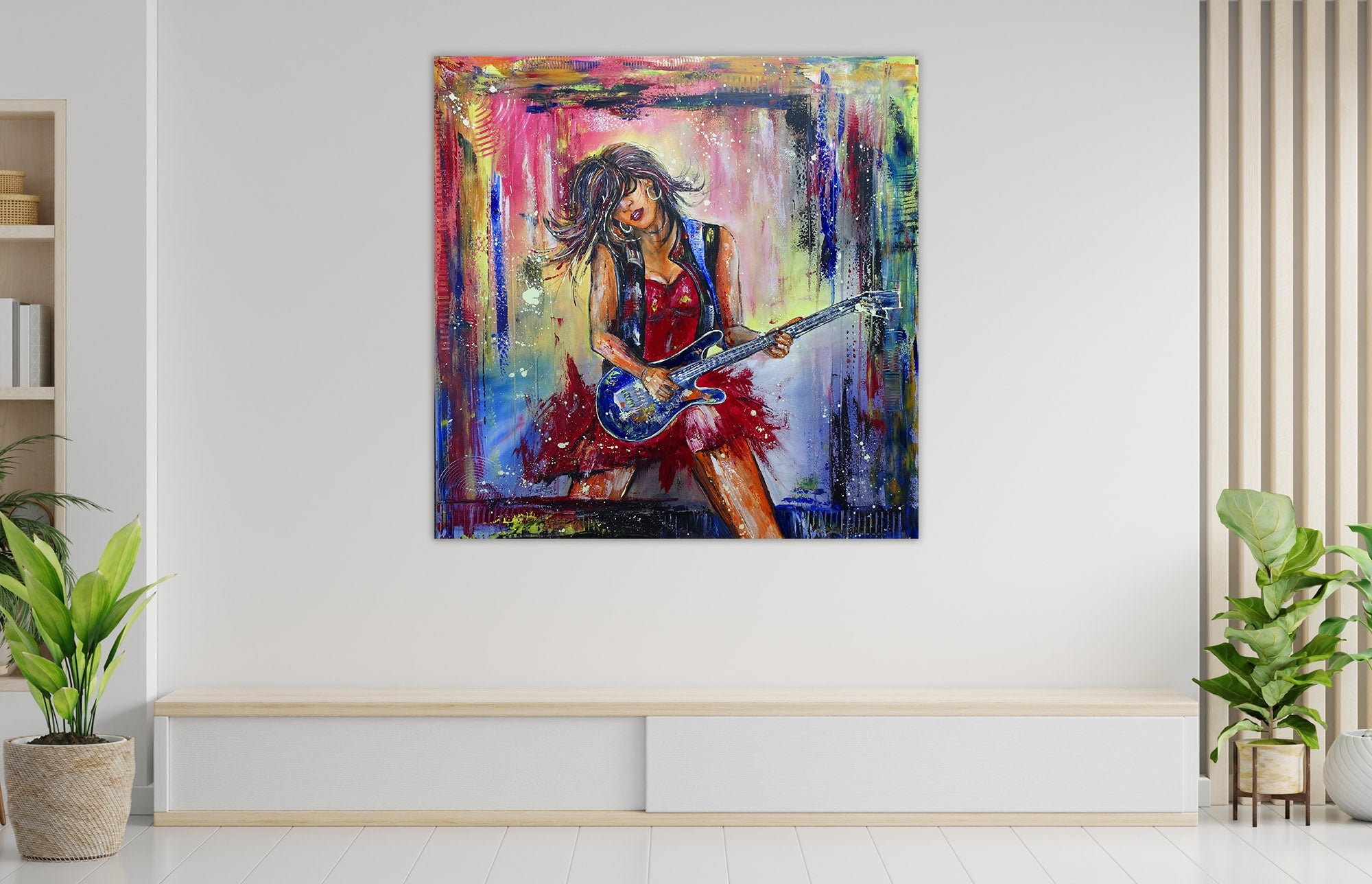 Musiker Gemälde Gitarristin handgemaltes Leinwandbild 100x100