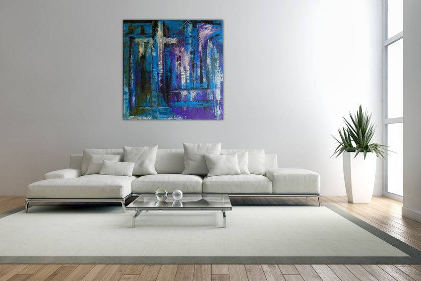 Abstraktes Kreuz blau türkis lila - Acrylbild für Wohnzimmer