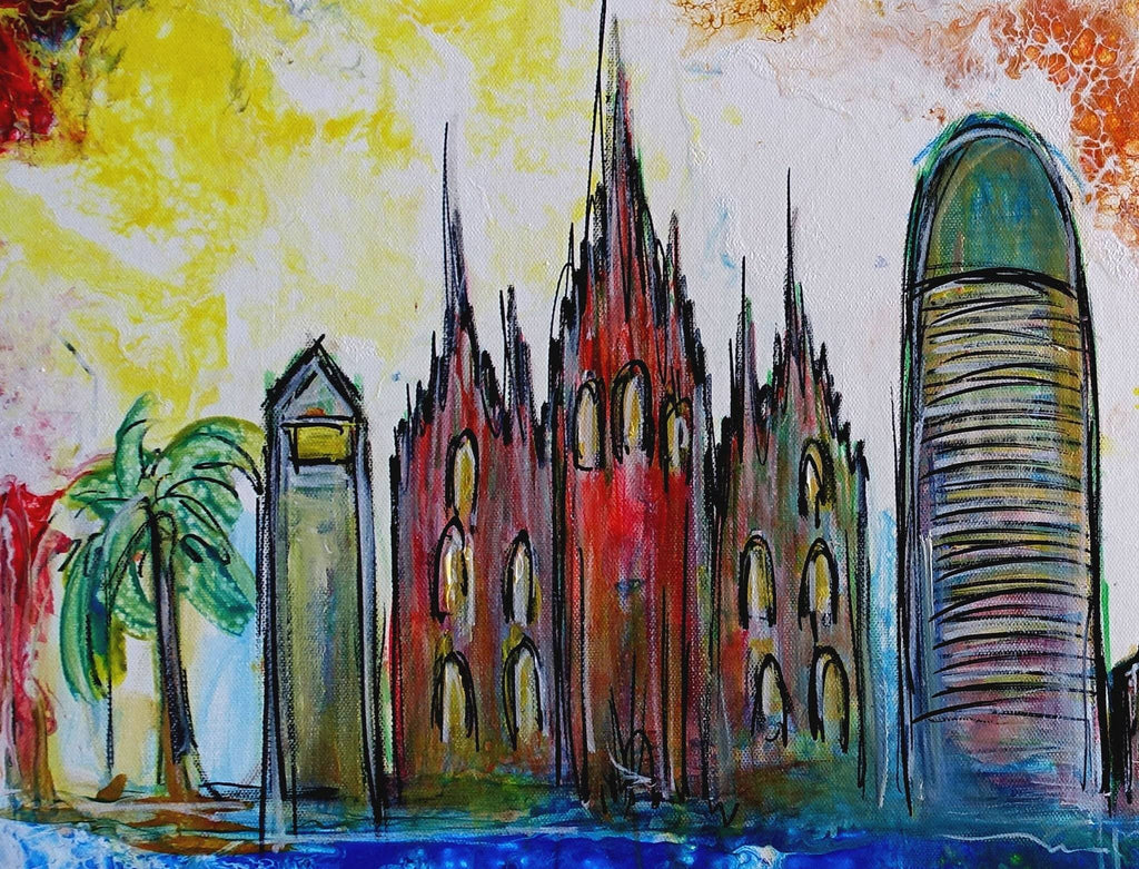 Barcelona abstrakt mit Sagrada Familia, Torre Glories Detail1