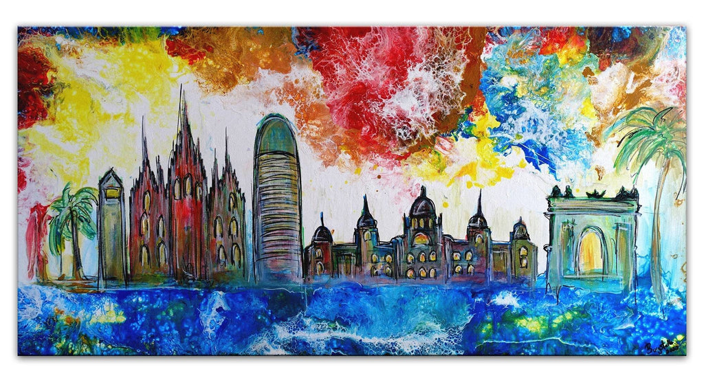 Barcelona abstrakt mit Sagrada Familia, Torre Glories 100x50