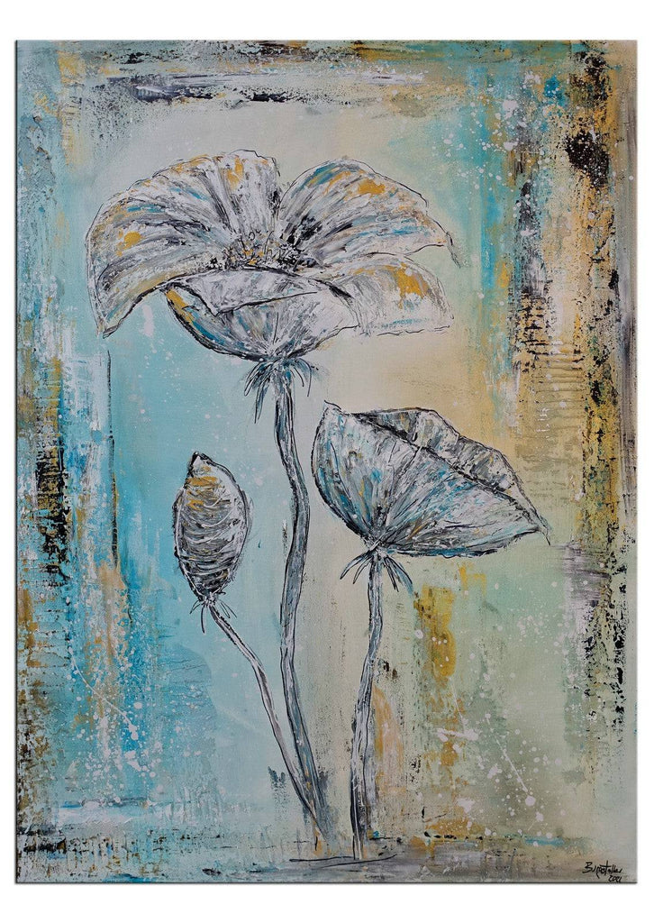 Blütenkelche türkis Strukturbild - Blumenmalerei Gemälde Acryl 116x81cm - Atelier Burgstallers-Art