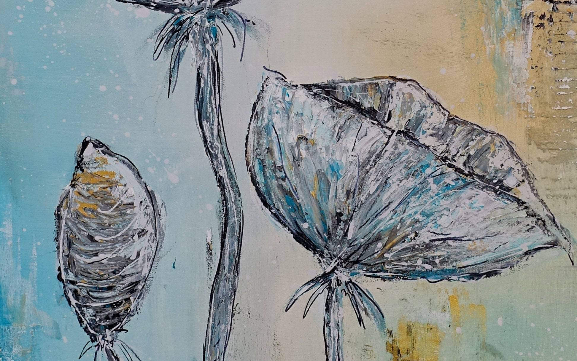 Handgemaltes 3D-Blumen-Leinwandbild 60x60 Cm – Abstrakte Gold-blaue Blumen, Moderne Wandkunst Für Zuhause