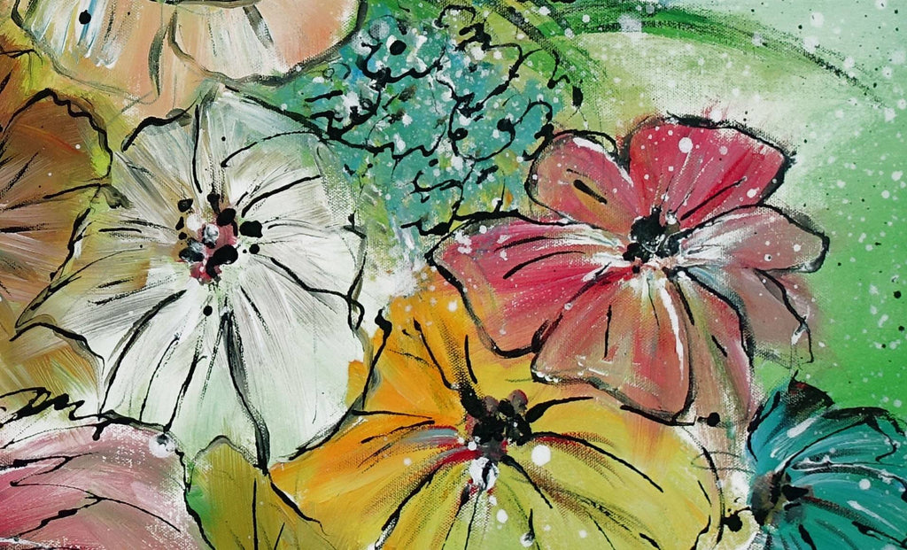 Bunte Blüten gemaltes Blumenbild, Florales Gemälde 100x80