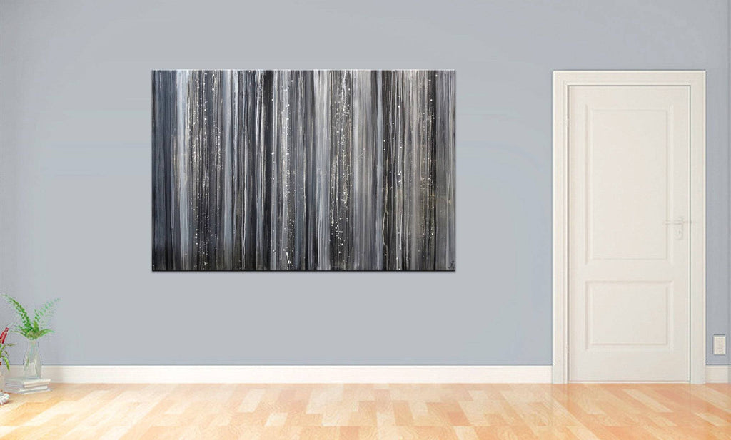 Düsterwald - abstraktes Acrylbild grau schwarz weiss 150x102