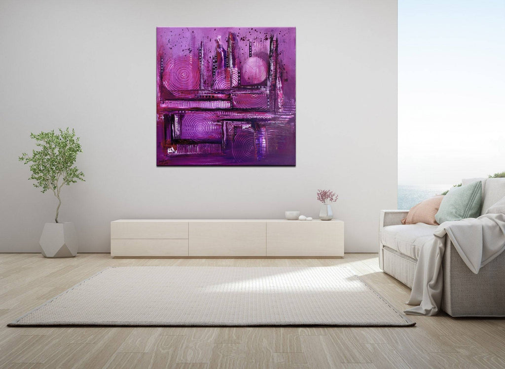 Lila City - abstraktes Wandbild violett, Original Gemälde 80x80cm