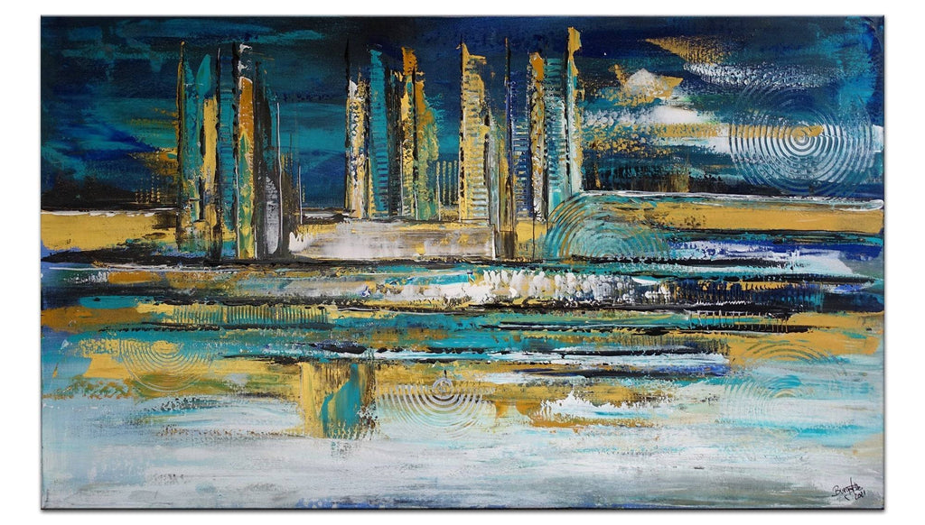 Abstraktes Wandbild Buerobild gold blau handgemalt 140x80
