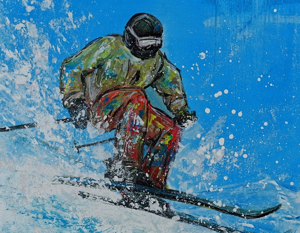 Skifahrer Abfahrt  Bild Malerei Skilaeufer Schnee Berge