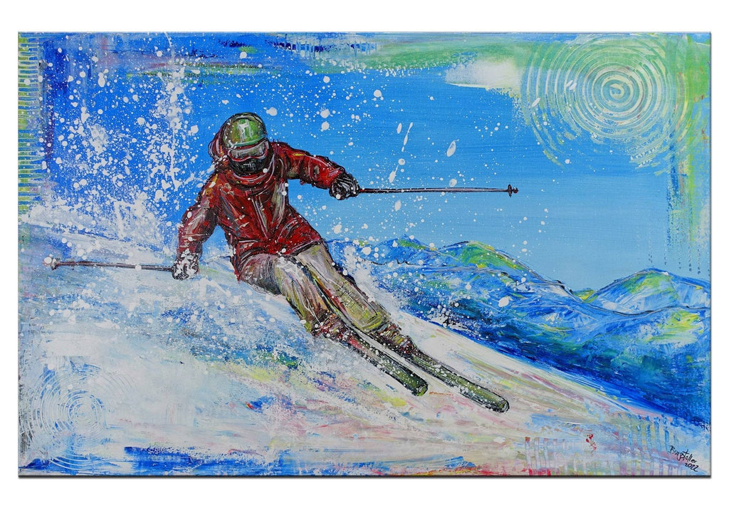 Tiefschneefahrer, Skiläufer, Gemälde, Malerei Sportbild, Winter, Berge