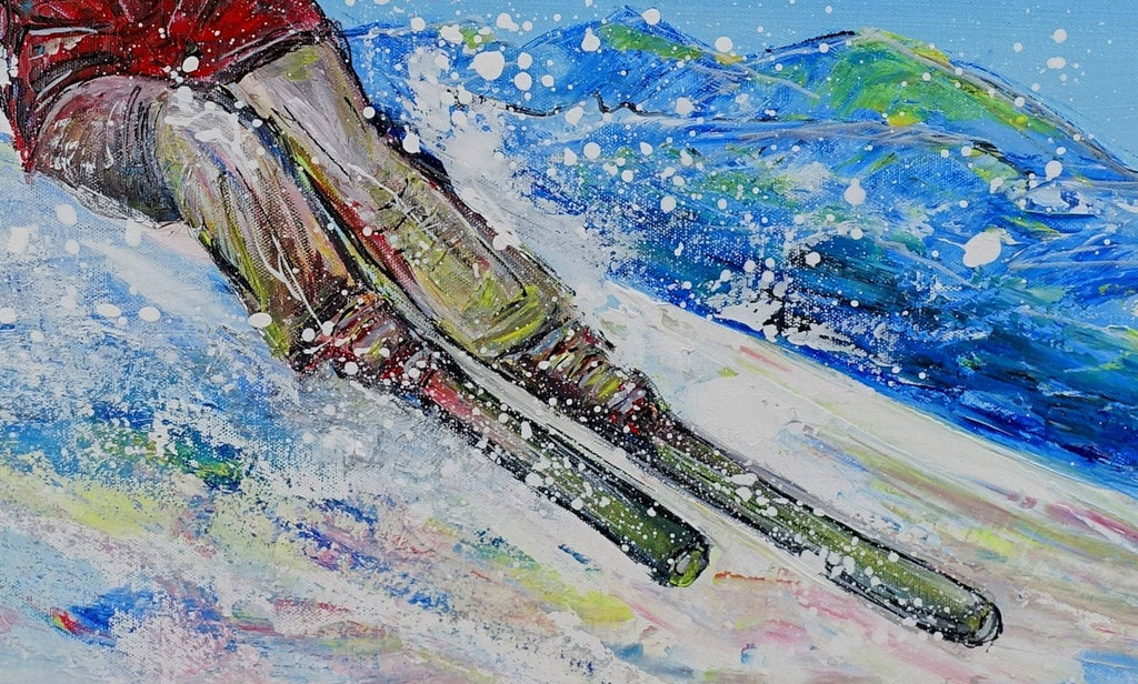 Tiefschneefahrer, Skiläufer, Gemälde, Malerei Sportbild, Winter