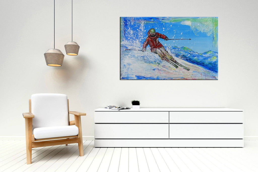 Tiefschneefahrer, Skiläufer, Gemälde, Malerei