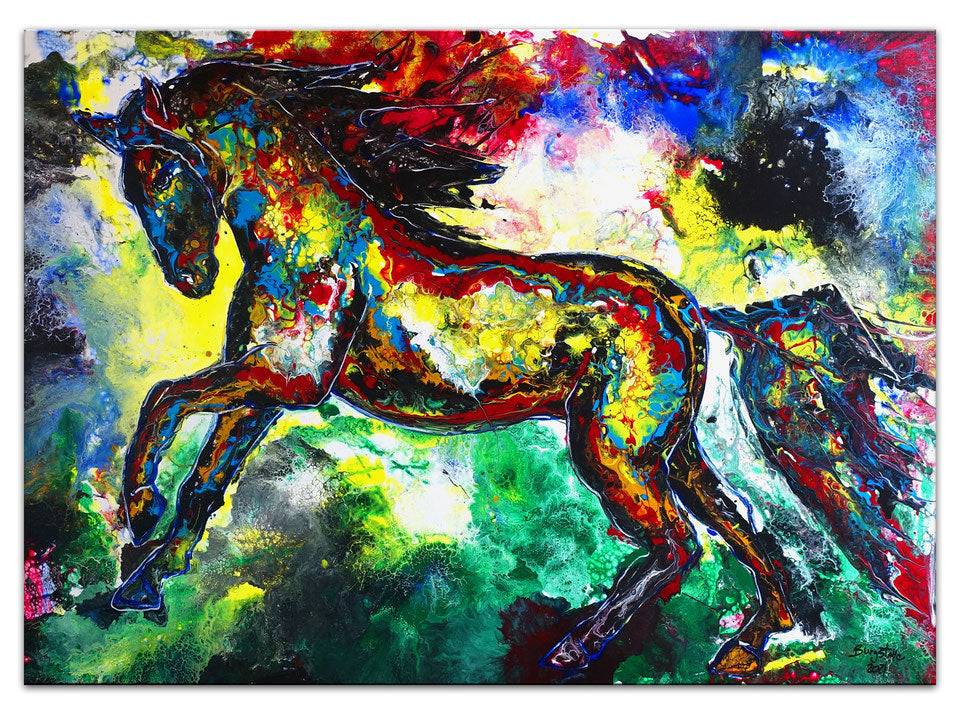 Wandbild Leinwandbild Buntes Pferd in Acryl, Gemälde 100x70cm